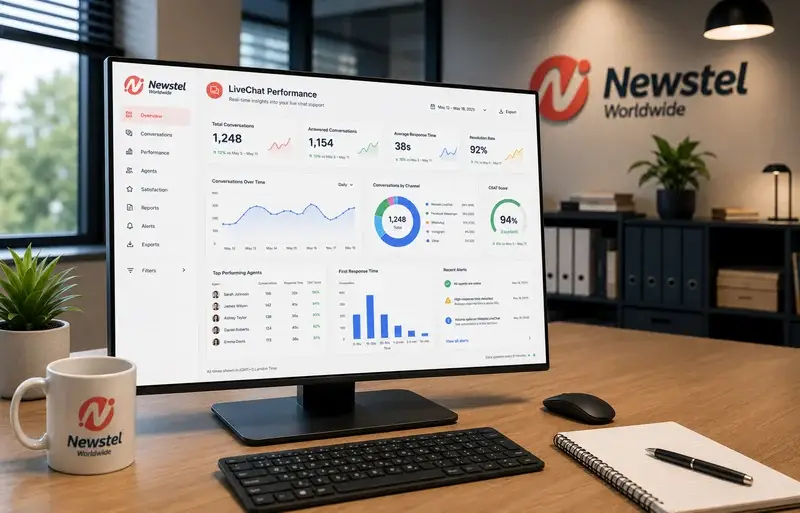 Newstel office desk with a LiveChat performance dashboard displayed on a widescreen monitor.