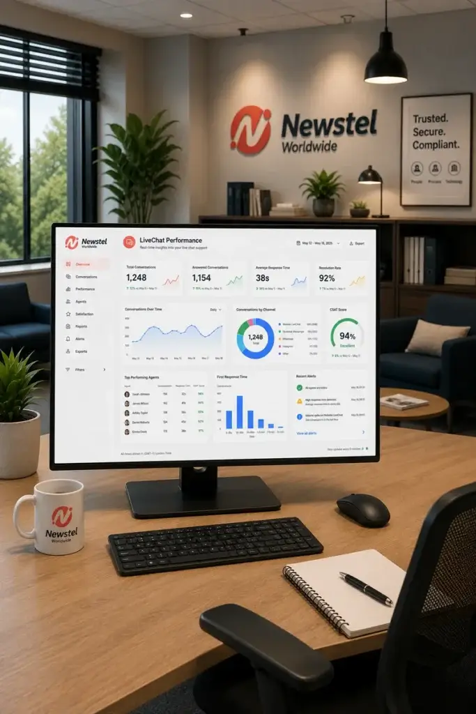 Newstel office workspace with a LiveChat performance reporting dashboard displayed on a desktop monitor.