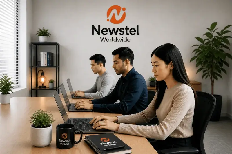 Newstel customer service team working on email support at laptops in a bright branded office.