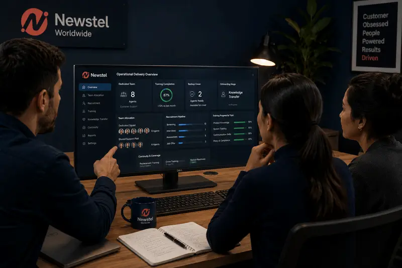 Newstel operations team reviewing team allocation, recruitment, training and backup coverage on a customer support dashboard.