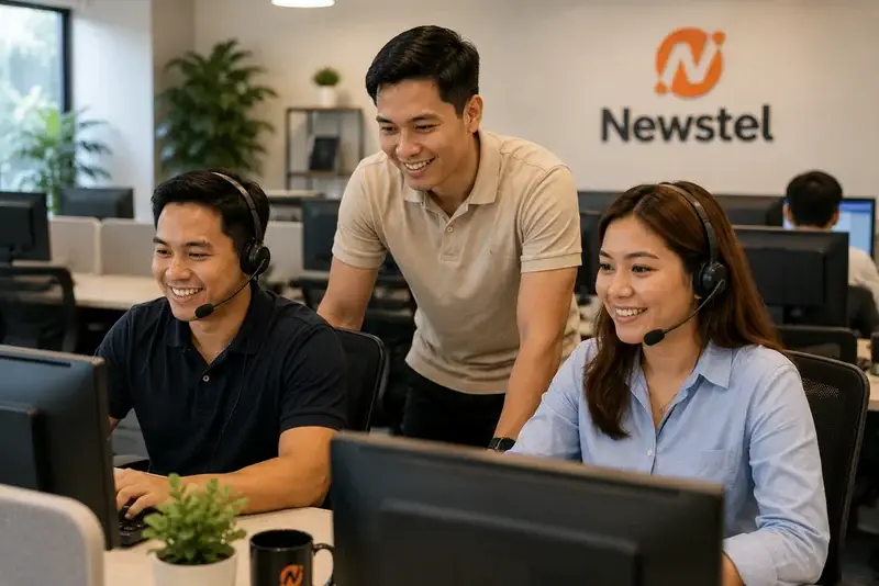 Three Philippines-based Newstel customer service team members working together in a modern call centre, with two agents wearing headsets.
