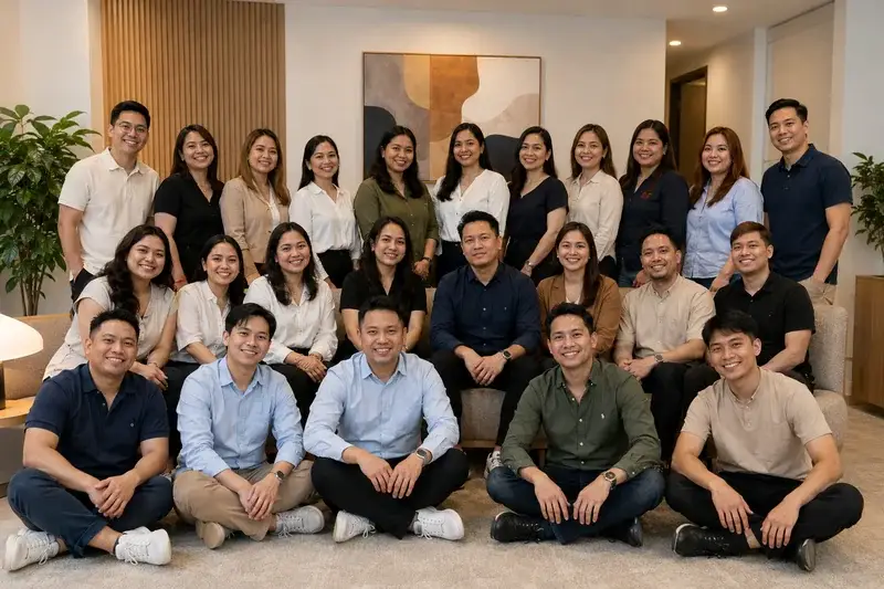 Philippines-based Newstel customer service team in smart-casual clothing posing together in a modern office.