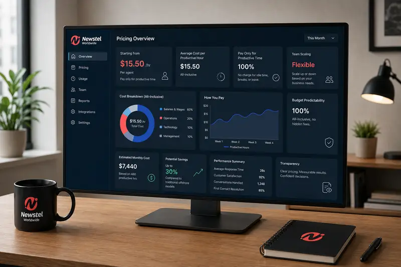 Newstel pricing dashboard showing productive hourly rates, estimated monthly costs, potential savings and flexible team scaling.