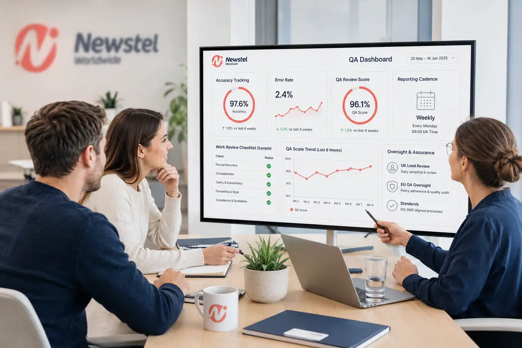 Newstel team reviewing quality assurance scores, accuracy tracking and weekly reporting on a QA dashboard.