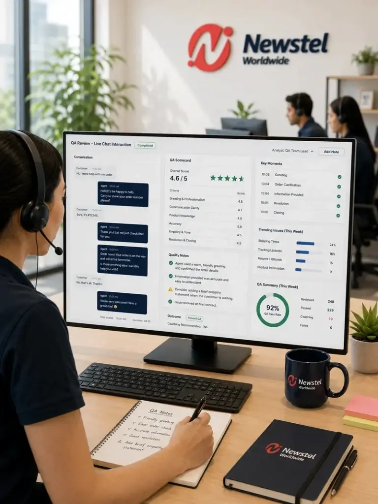 Newstel quality analyst reviewing a live chat conversation, QA scorecard and customer service performance metrics.