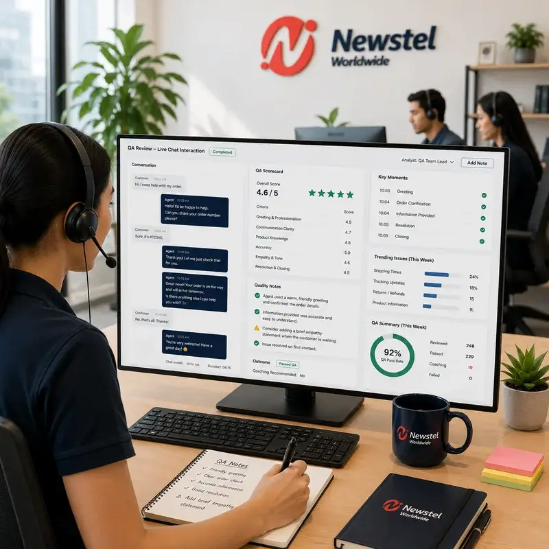 Newstel quality analyst reviewing a live chat interaction, QA scorecard and customer service performance metrics.