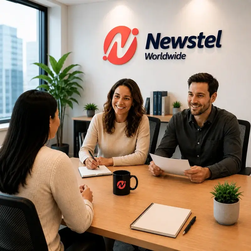 Newstel recruitment team interviewing a customer service candidate in a bright modern office.