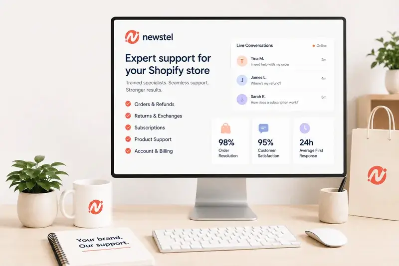 Newstel Shopify customer support dashboard displayed on a desktop monitor in a bright, modern workspace.