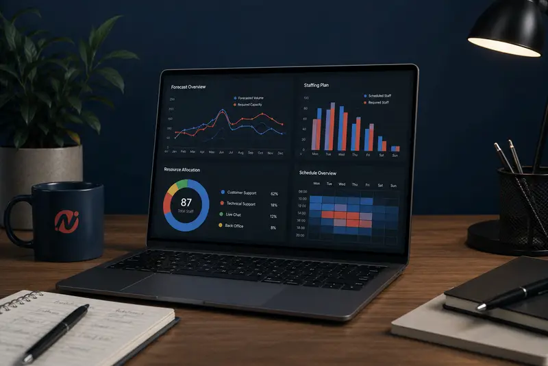 Workforce planning dashboard showing forecast demand, staffing levels, resource allocation and weekly schedules in a Newstel-branded workspace.