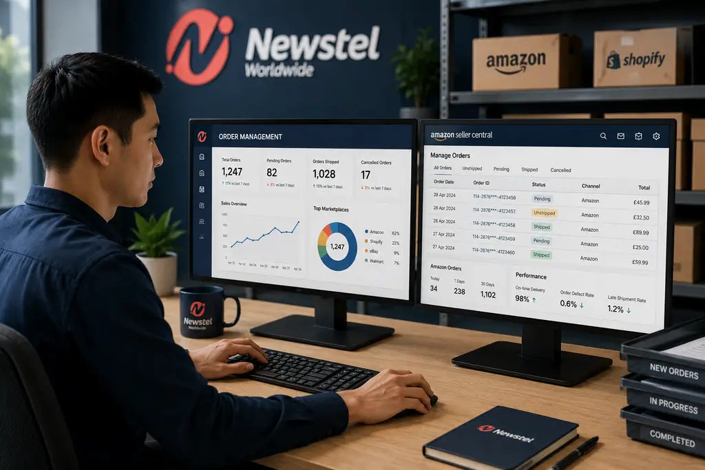 Order management specialist monitoring Amazon and marketplace orders across two computer screens in a Newstel office.