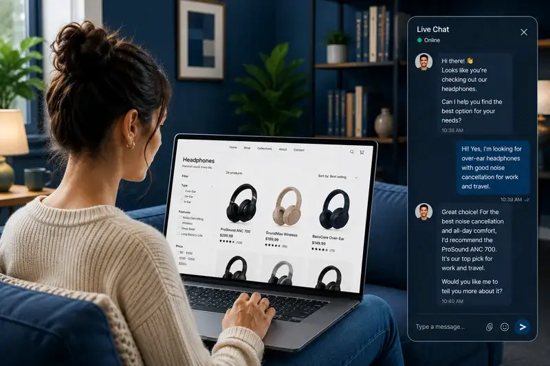 Customer browsing a headphone category page while receiving proactive product guidance through live chat.