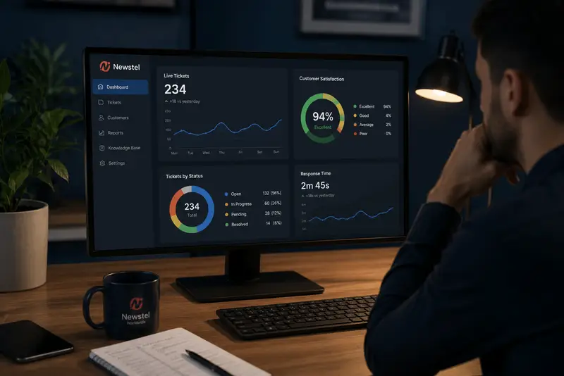 Customer service manager reviewing live ticket volumes, response times and customer satisfaction metrics on a Newstel support dashboard.
