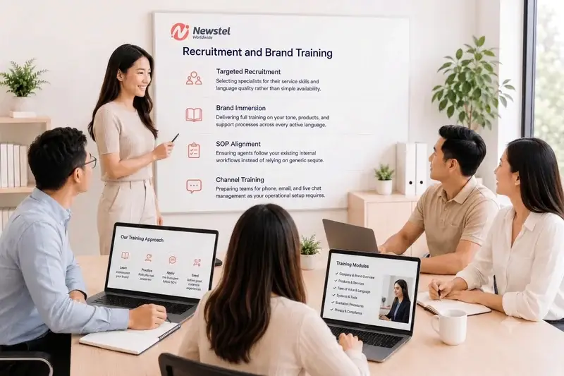 Newstel trainer leading a multilingual recruitment and brand training session for customer service agents.
