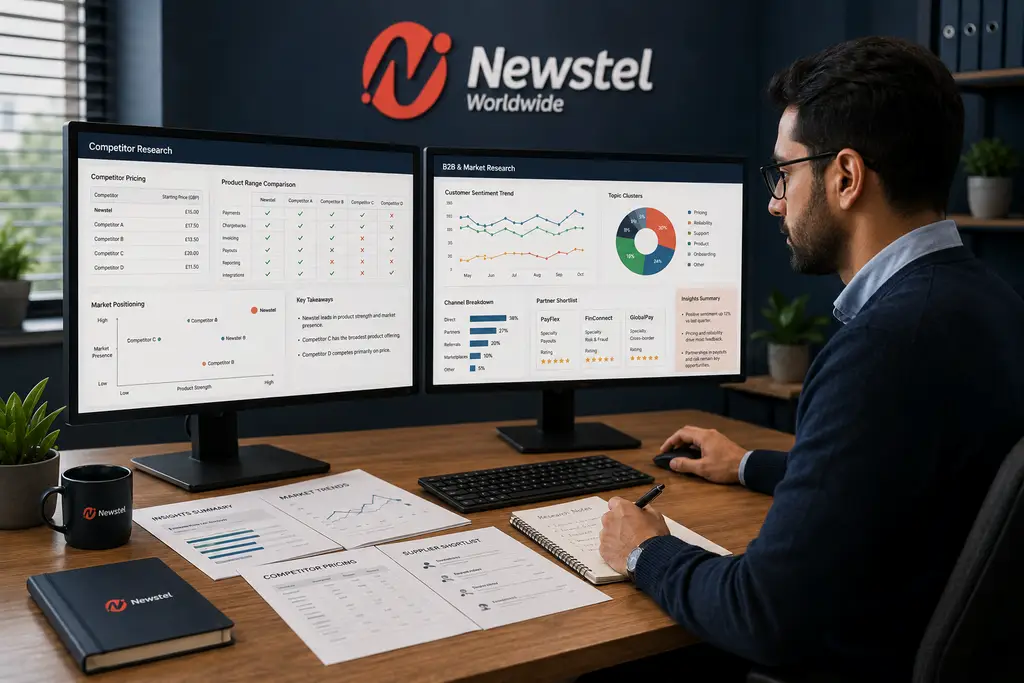 Market research specialist analysing competitor pricing, customer sentiment and partnership opportunities across two monitors in a Newstel office.