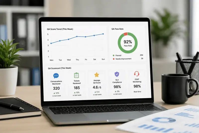 Quality assurance dashboard showing weekly QA scores, pass rates, SLA compliance and customer satisfaction monitoring.