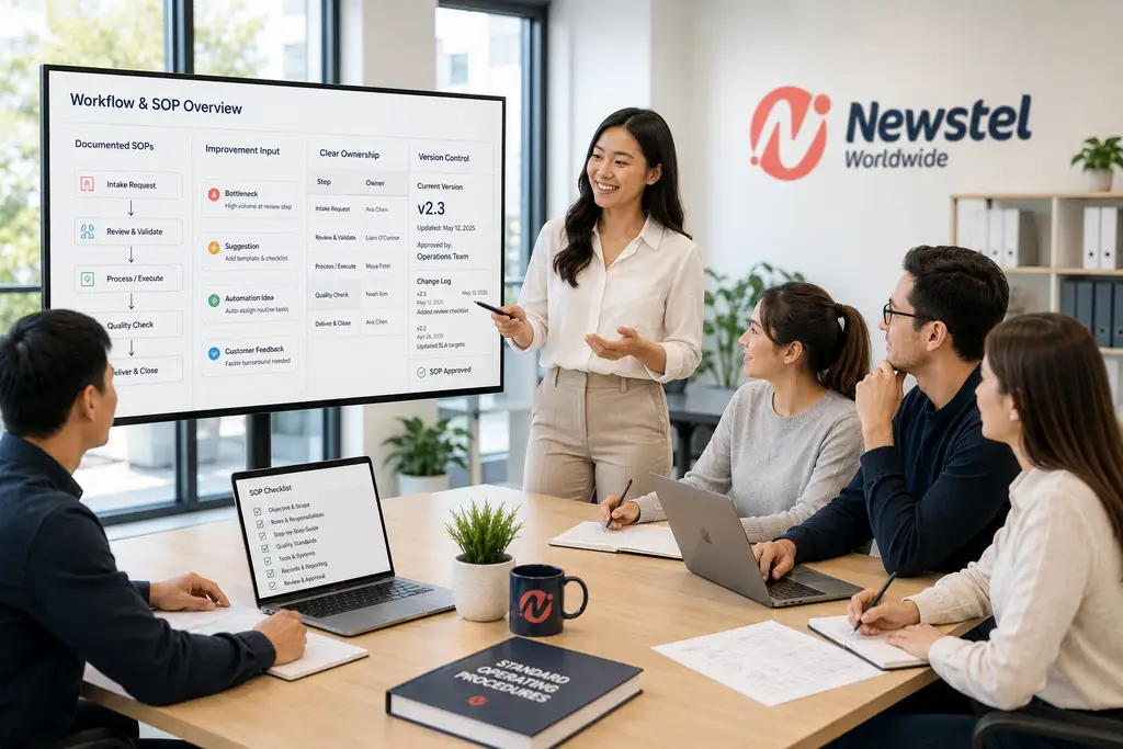 Newstel team reviewing documented workflows, standard operating procedures and process ownership during a training session.