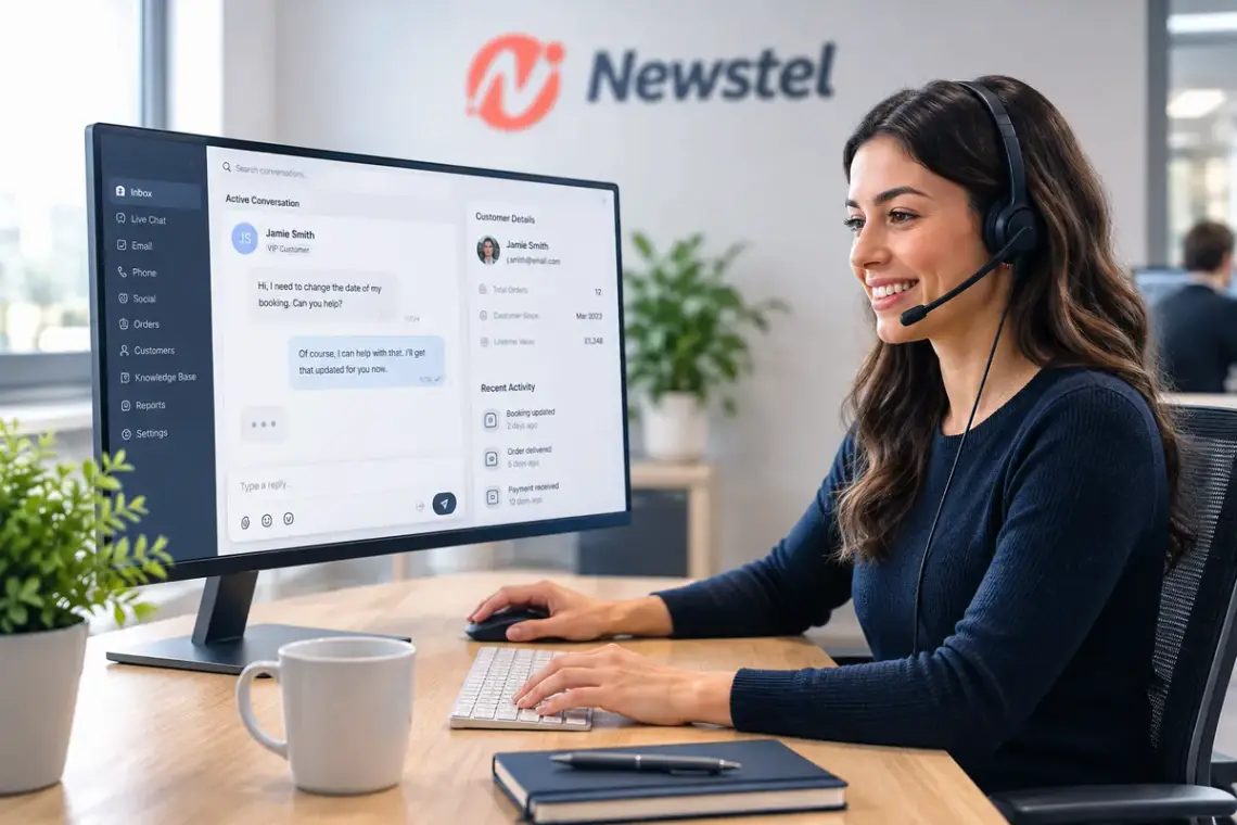 Customer service agent providing fast phone support while working in a bright modern Newstel office.