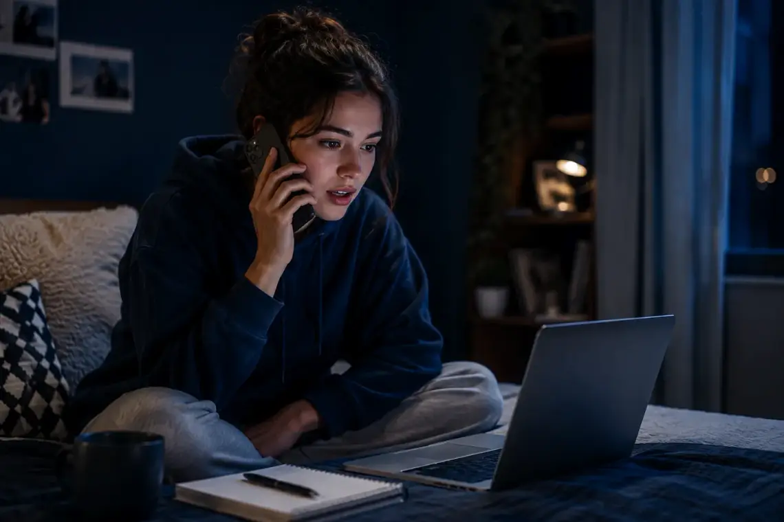 Gen Z customer using a smartphone to contact customer service while sitting on a bed with a laptop.