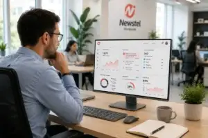 Customer experience manager reviewing e-commerce support metrics and alerts on a Newstel dashboard in a modern office.