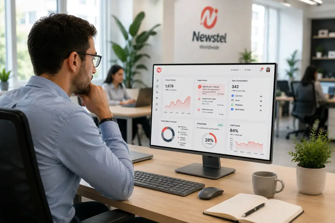 Customer experience manager reviewing e-commerce support metrics and alerts on a Newstel dashboard in a modern office.