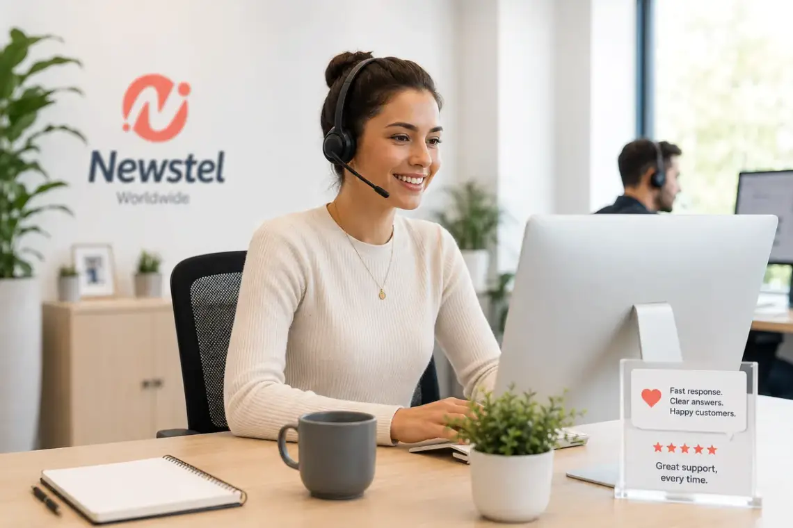 Customer support agent providing fast, friendly service in a bright modern Newstel office.