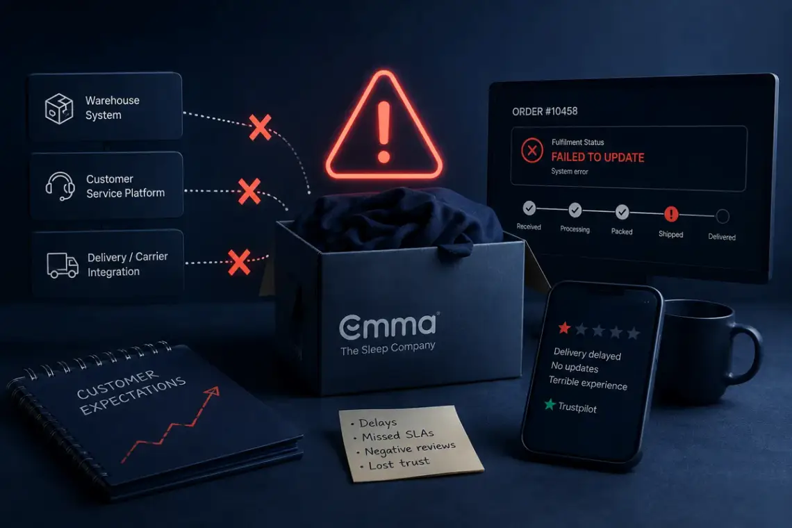 Conceptual dark blue image showing disconnected warehouse, customer service and delivery systems causing an e-commerce fulfilment failure.