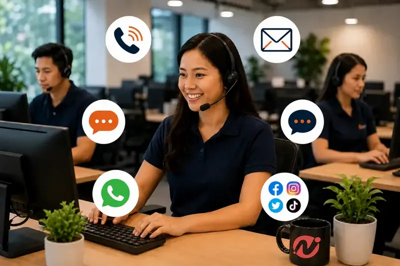 Customer service agent in a modern call centre surrounded by phone, email, live chat, WhatsApp and social media support icons.