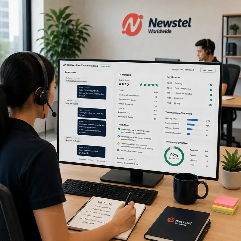 Newstel quality assurance specialist reviewing a live chat interaction and recording coaching notes in a modern office.