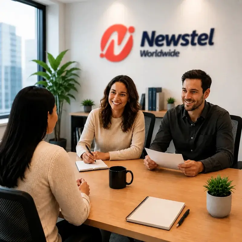 Newstel recruitment team interviewing a candidate in a bright modern office