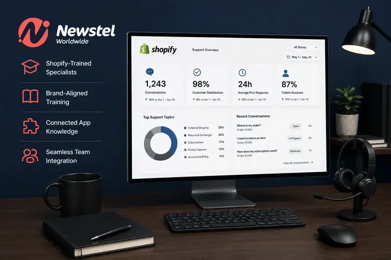 Newstel Shopify customer service outsourcing dashboard showing support performance, conversations, customer satisfaction and ticket resolution.
